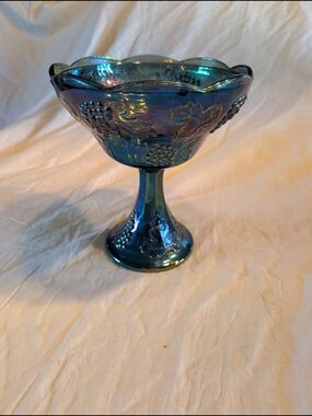 2/60$ Indiana Glass Blue Iridescent Grape & Leaf Compote